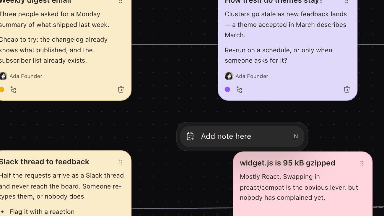 A right-click on empty Feedock canvas space offering Add note here, with the N shortcut