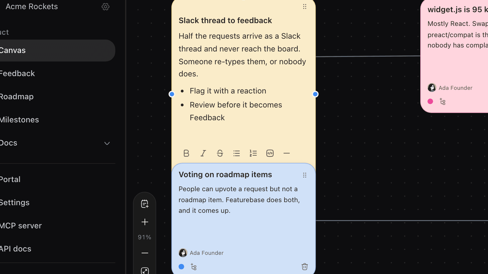 A Feedock canvas note open in its inline editor, with a bulleted body and a formatting toolbar