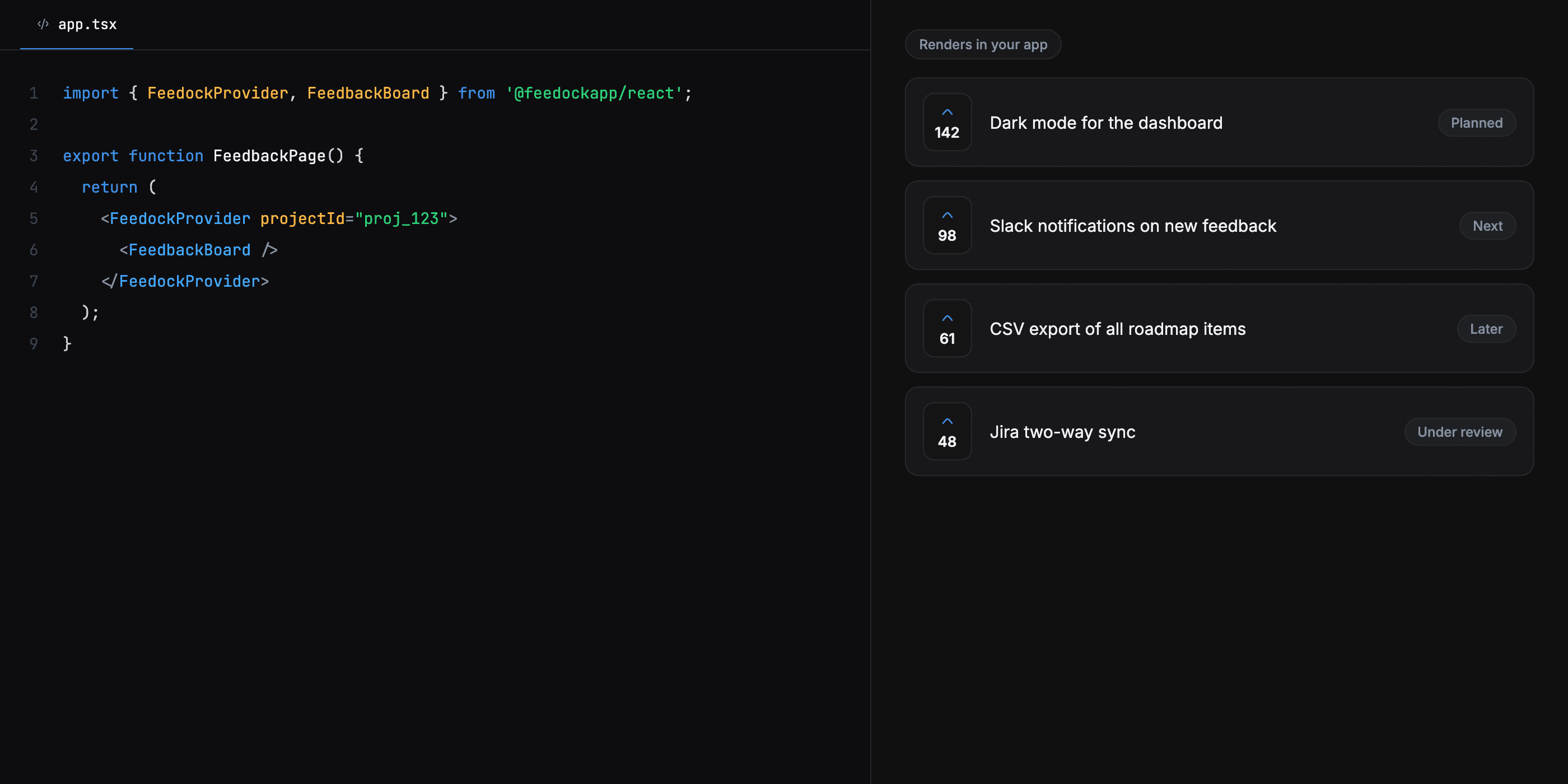 The Feedock React SDK feedback board rendered inside a host application