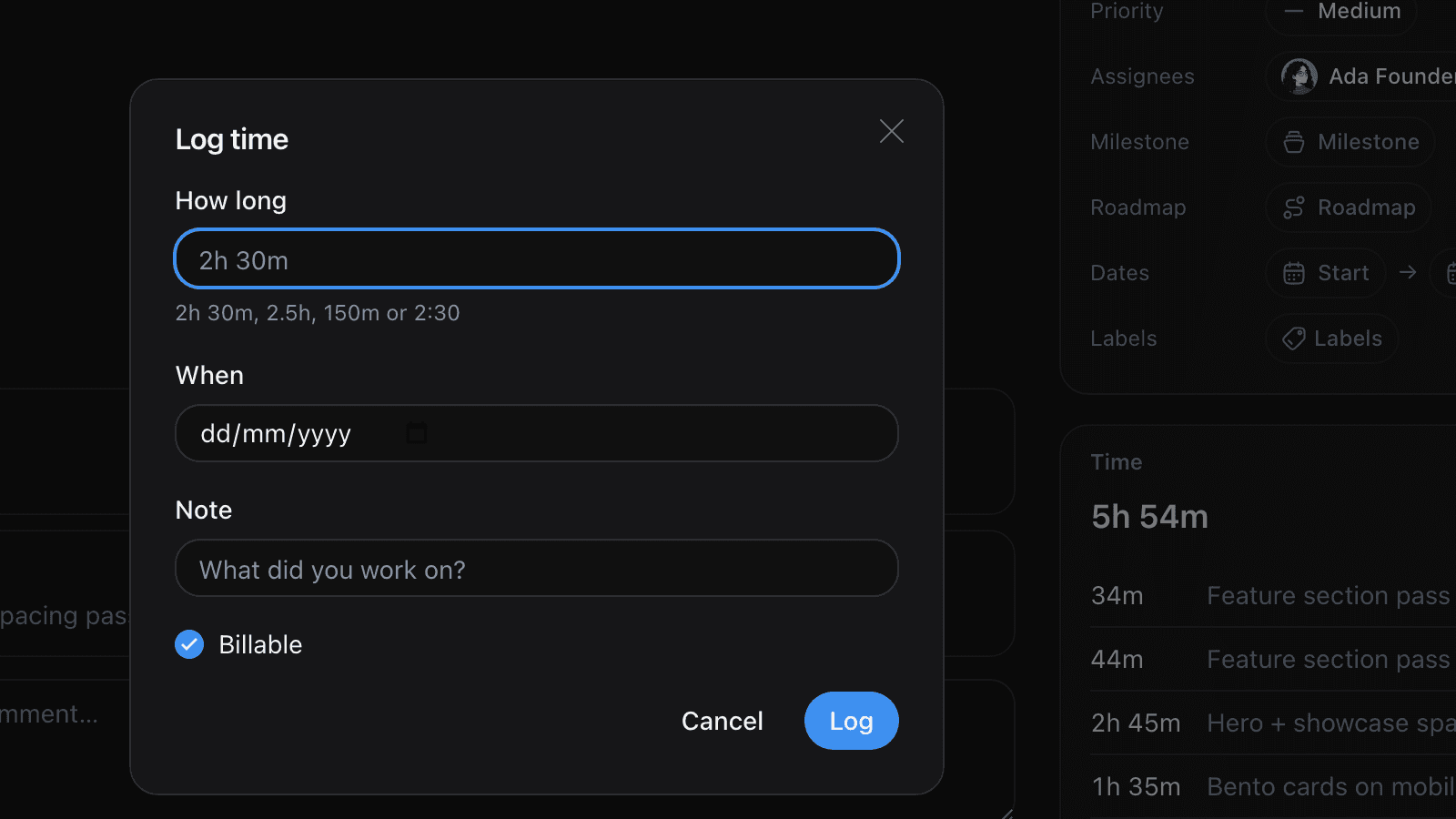 The Feedock log time dialog with how long, when, note and billable fields