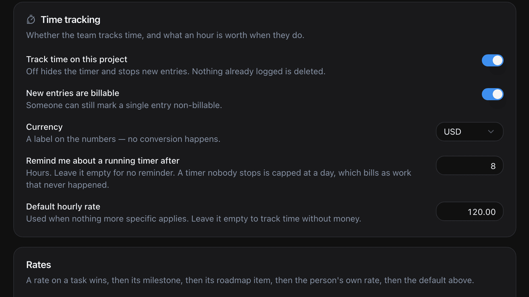 Feedock time and rate settings with a default hourly rate and the resolution order
