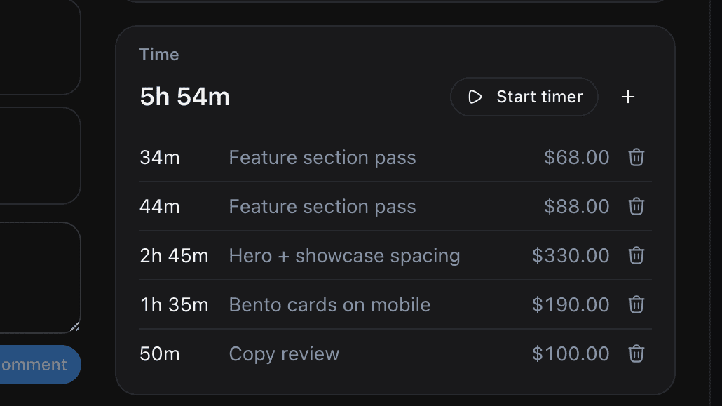 A Feedock task's Time card with a 5h 54m total and five priced entries