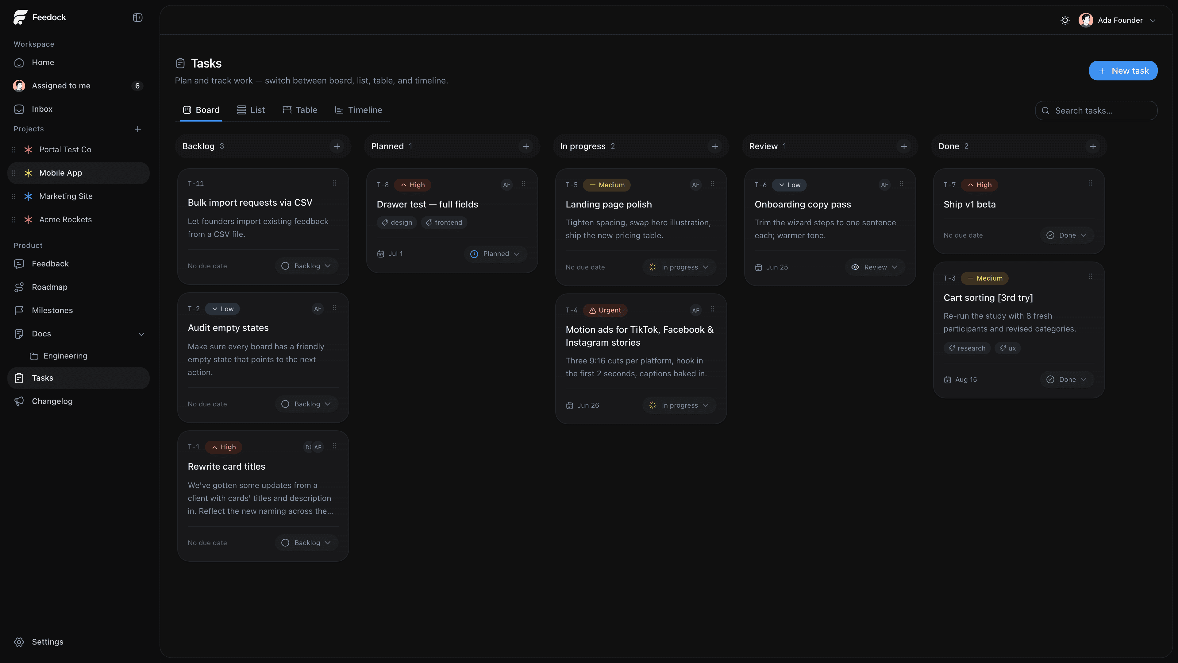 The Feedock tasks board, work organized across Backlog, Planned, In Progress, Review and Done columns