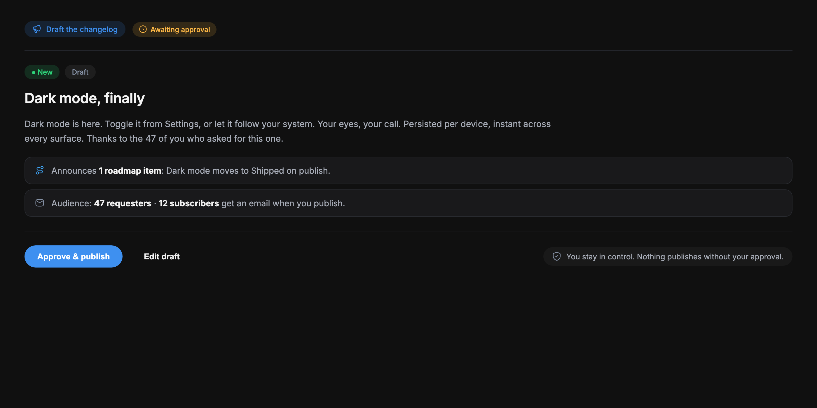 Feedock AI draft: an auto-written Dark mode changelog entry awaiting the founder's approval before it publishes
