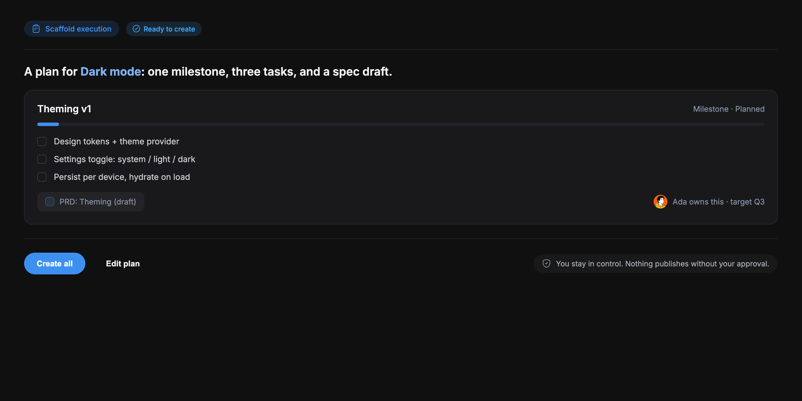 Feedock AI review: a scaffolded plan for Dark mode with a Theming v1 milestone, three tasks, and a PRD draft, ready to create