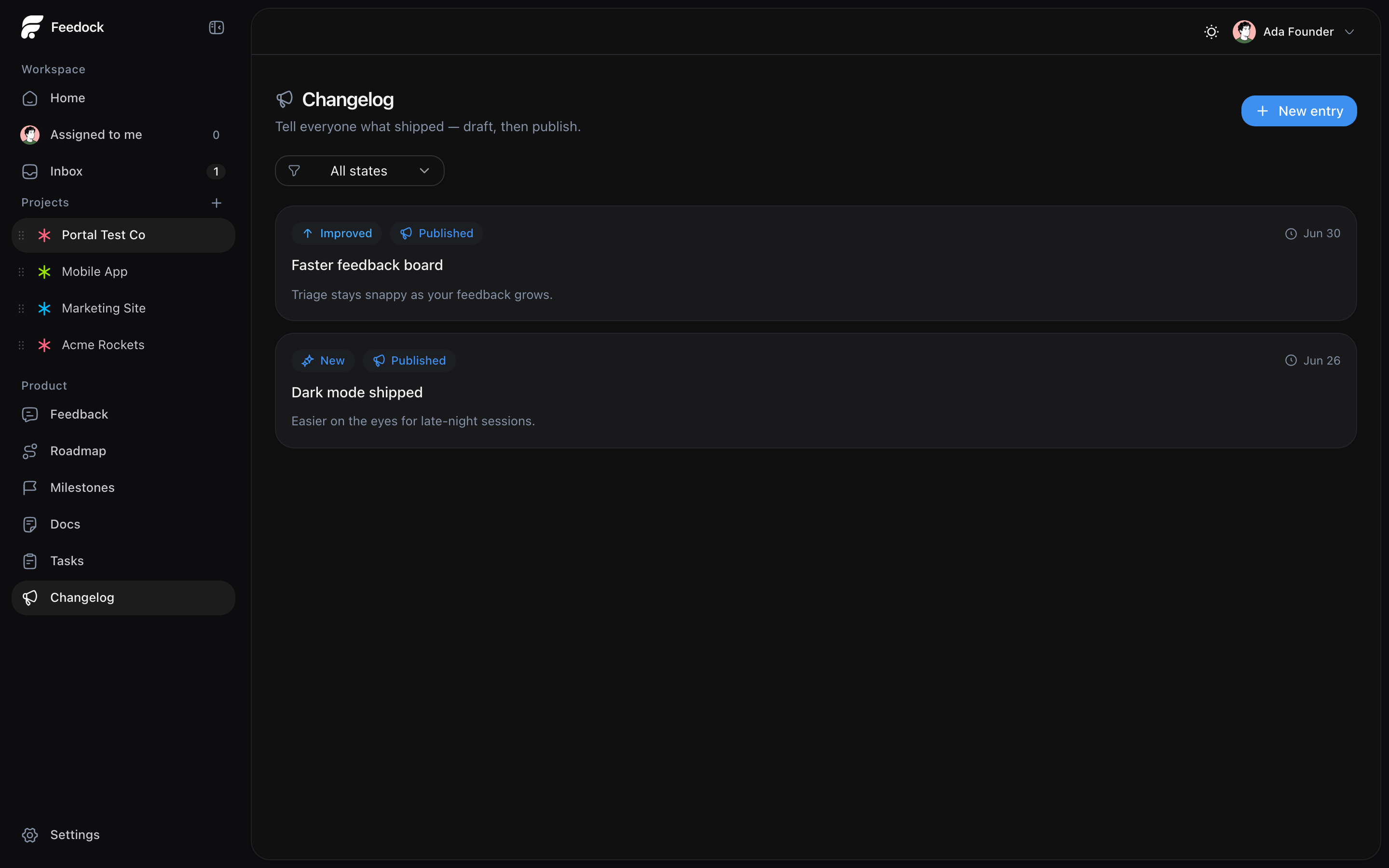 Feedock changelog with published and draft entries