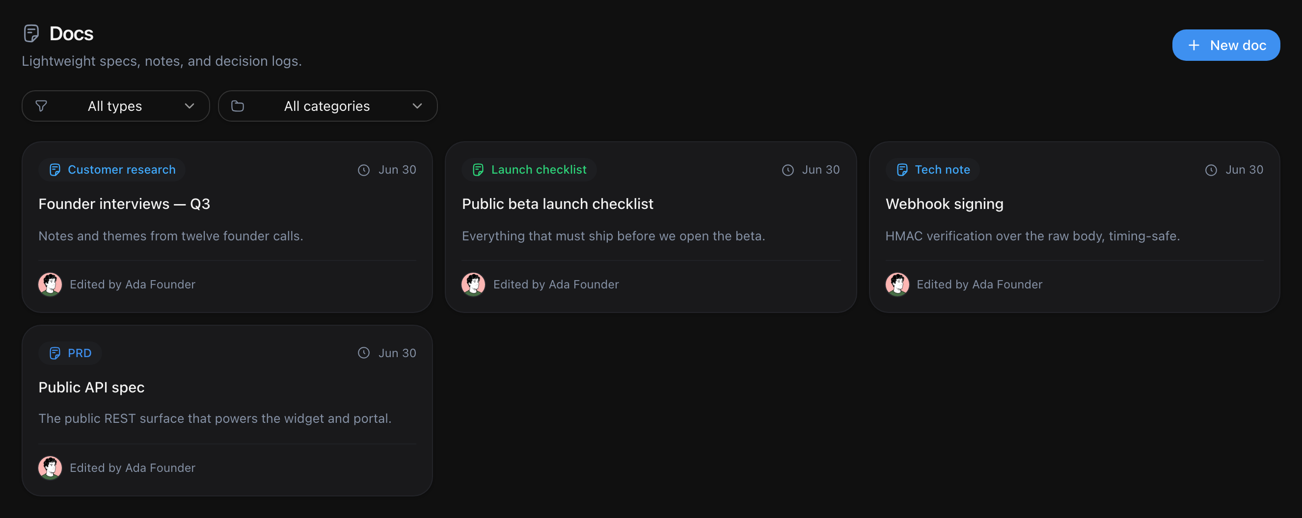 Feedock docs list with typed PRDs, tech notes and decision logs
