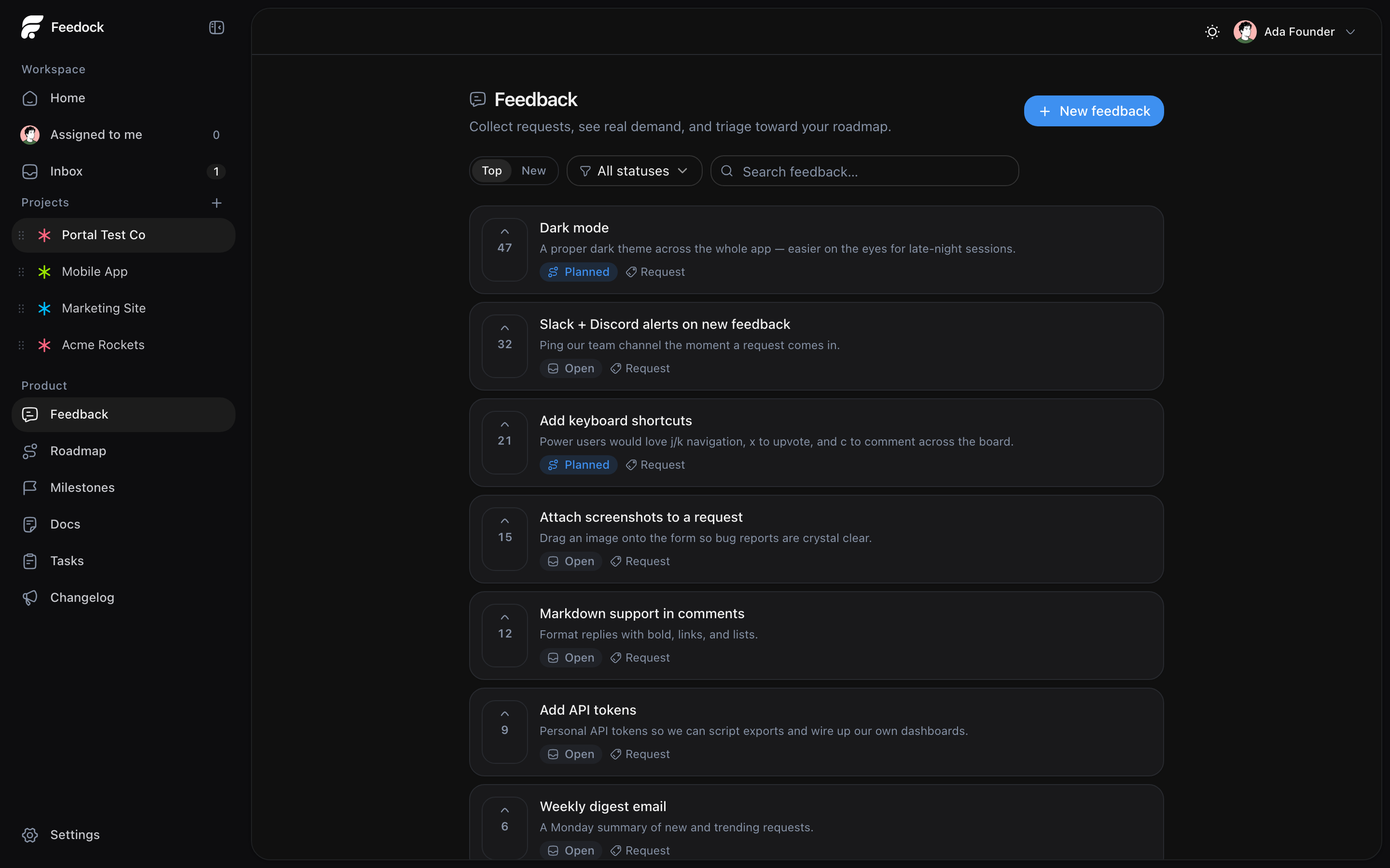 Feedock feedback board listing requests with vote counts and statuses