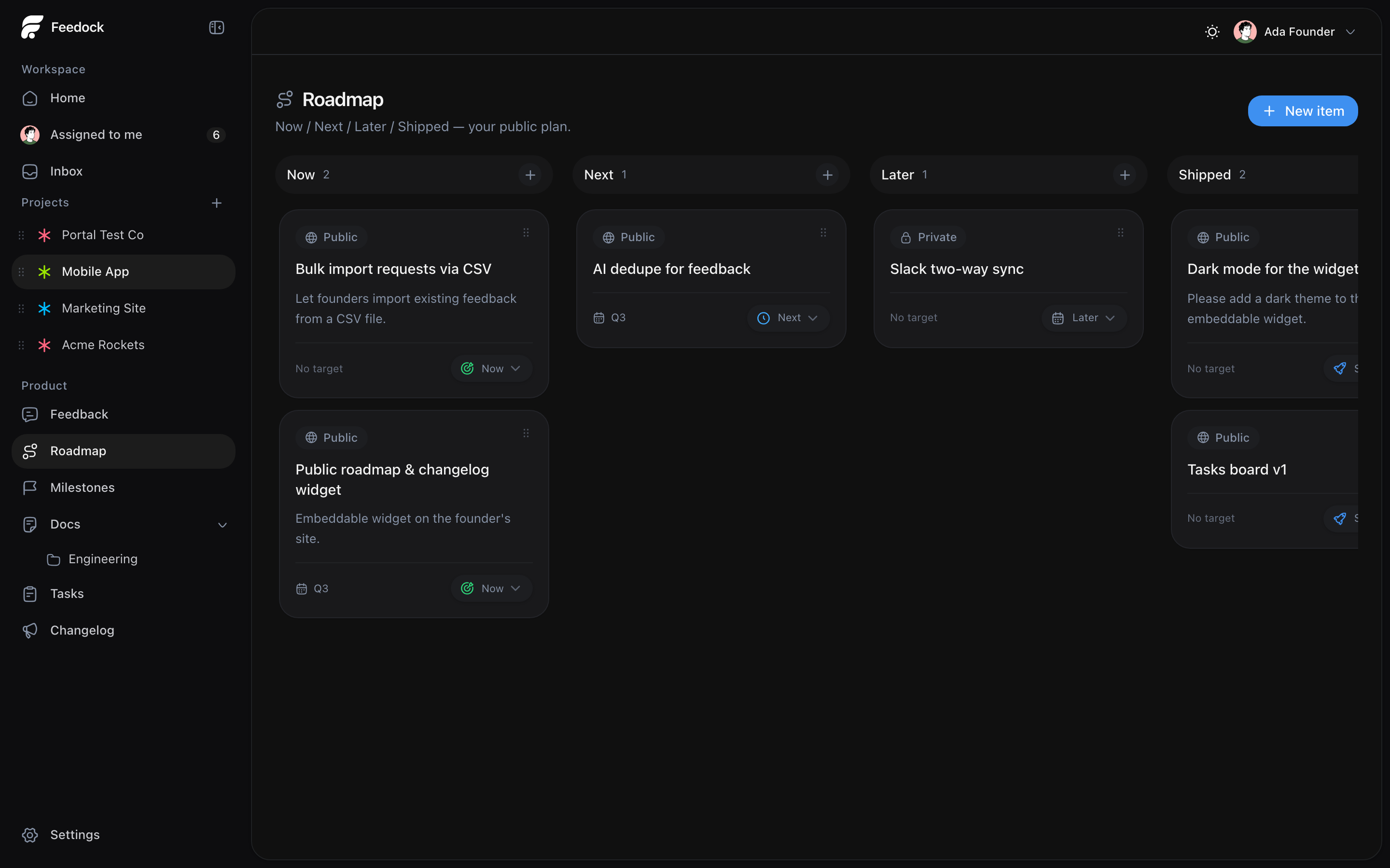Feedock roadmap board with Now, Next, Later and Shipped columns