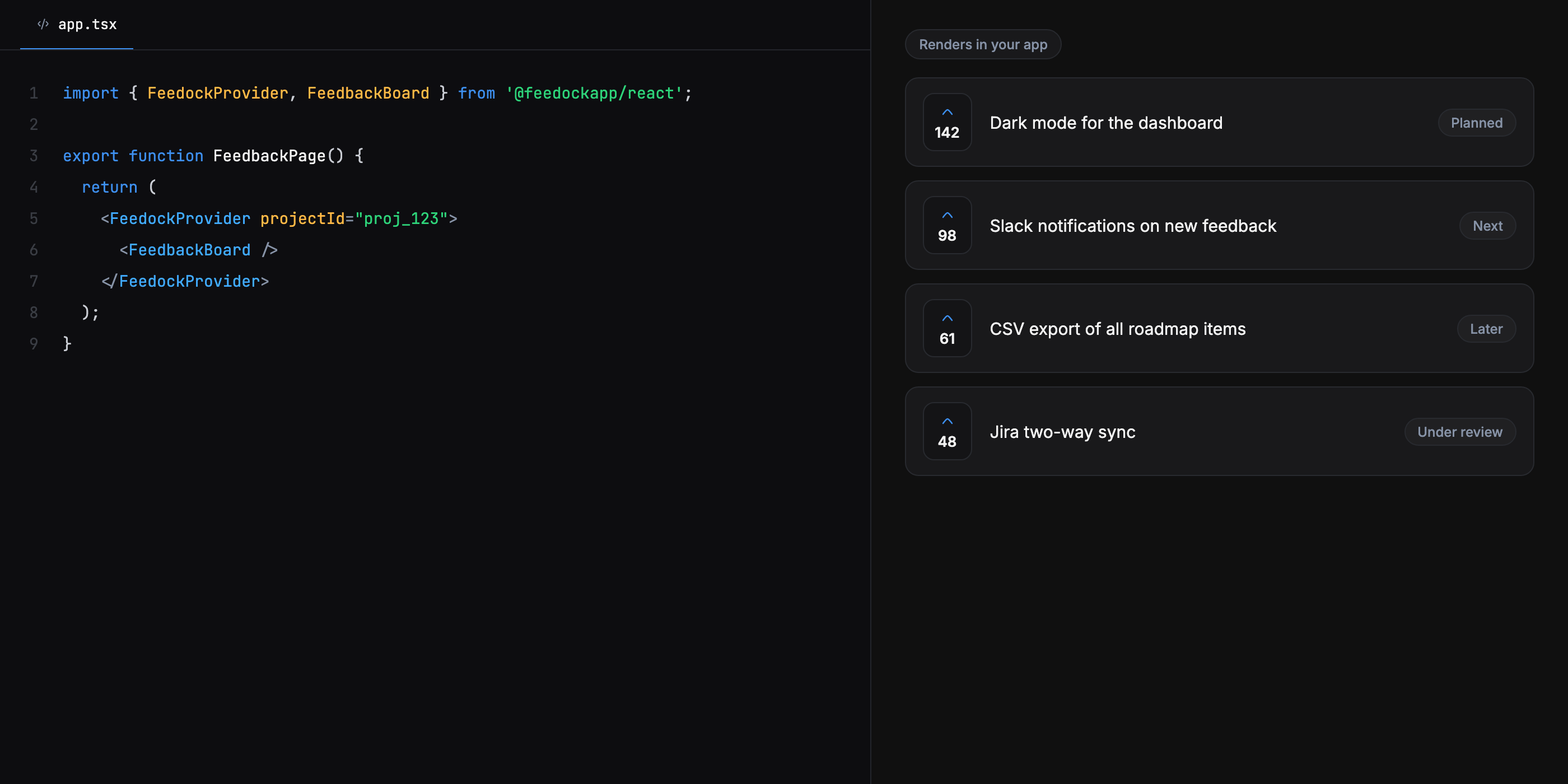 The Feedock React SDK: a FeedockProvider plus FeedbackBoard snippet in app.tsx next to the feedback board it renders in your app