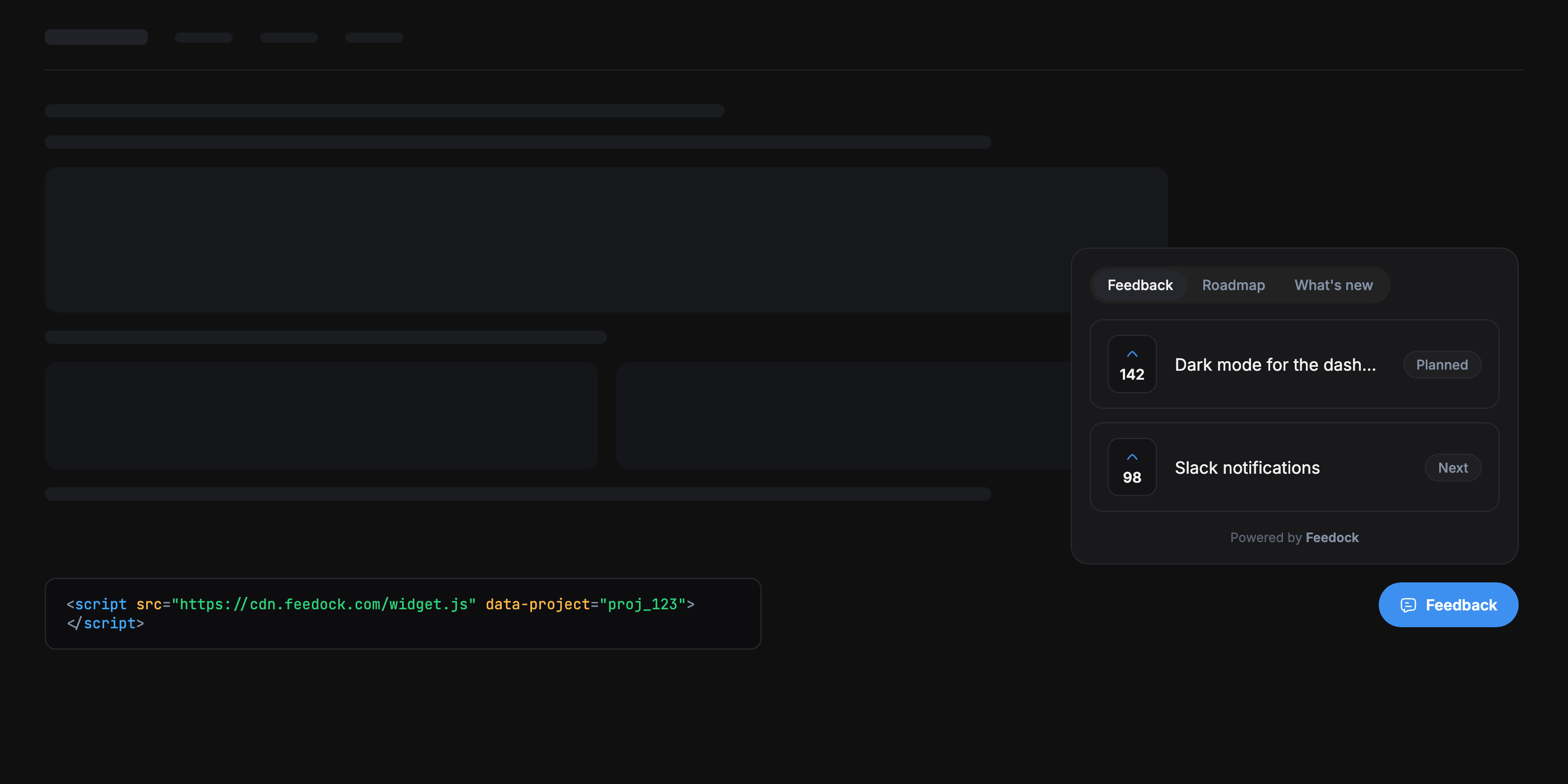 The Feedock embeddable widget: a one-line script tag on a host site with the floating feedback panel and launcher open