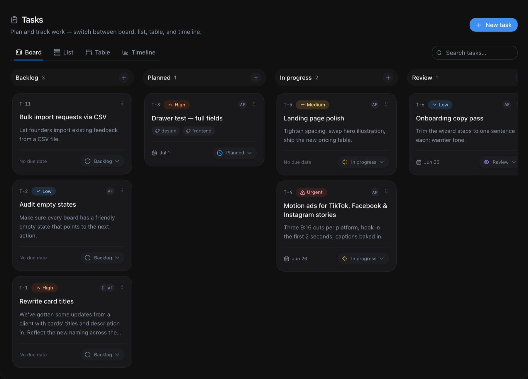 Feedock tasks board with Backlog, Planned, In Progress, Review and Done columns