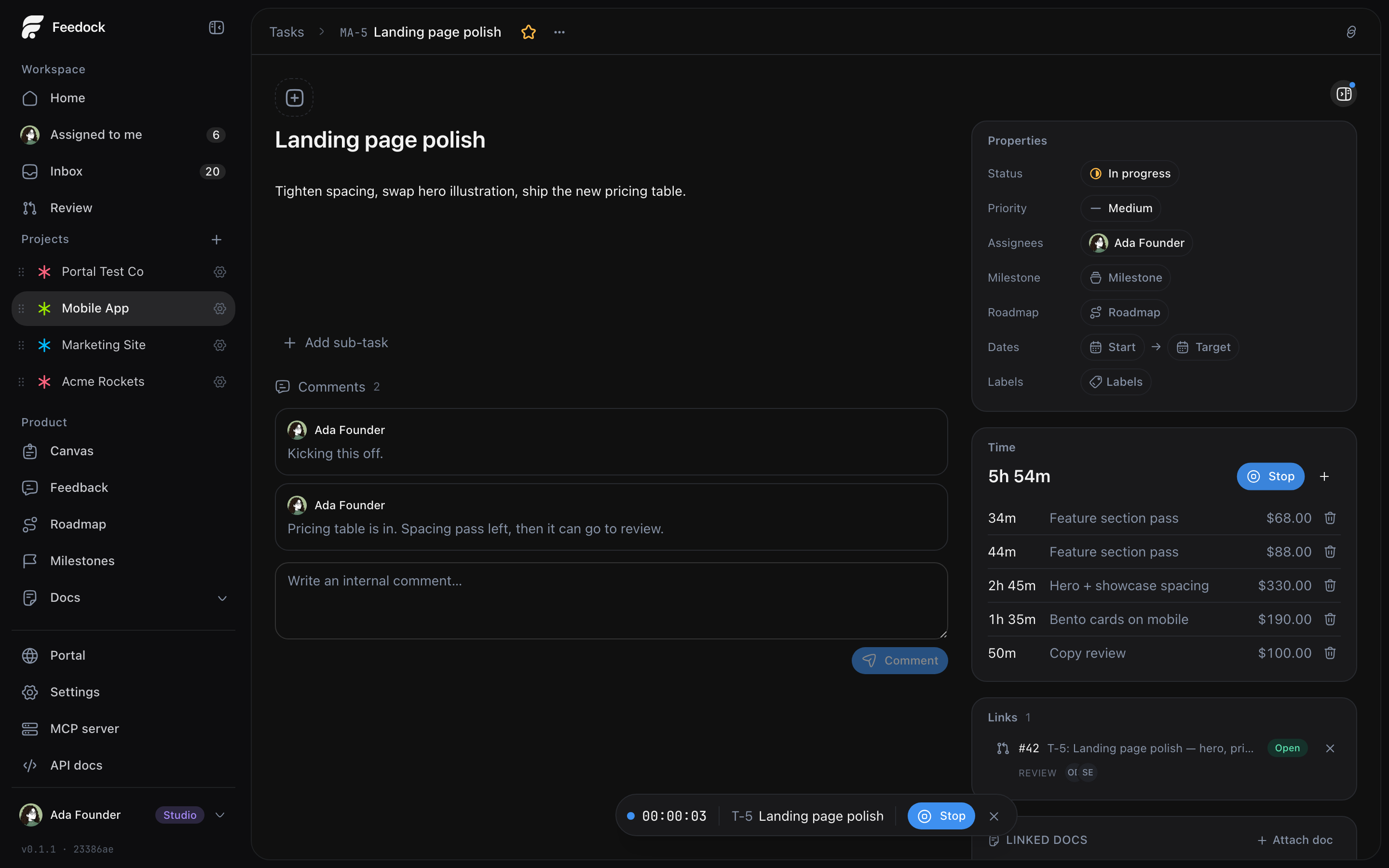 Feedock task with a running timer and logged time entries priced at an hourly rate