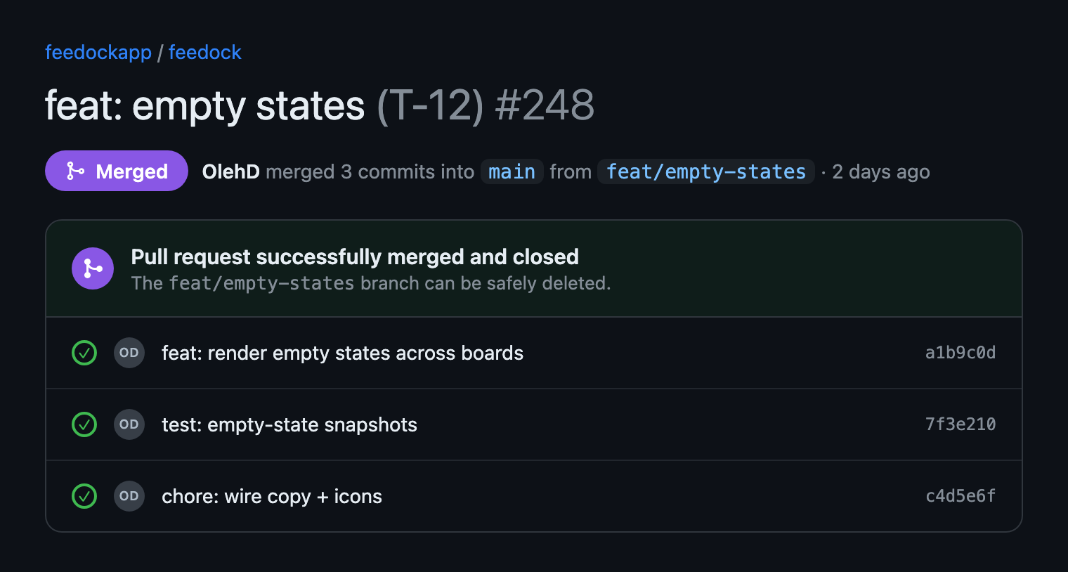 GitHub pull request feat: empty states (T-12) #248, merged into main