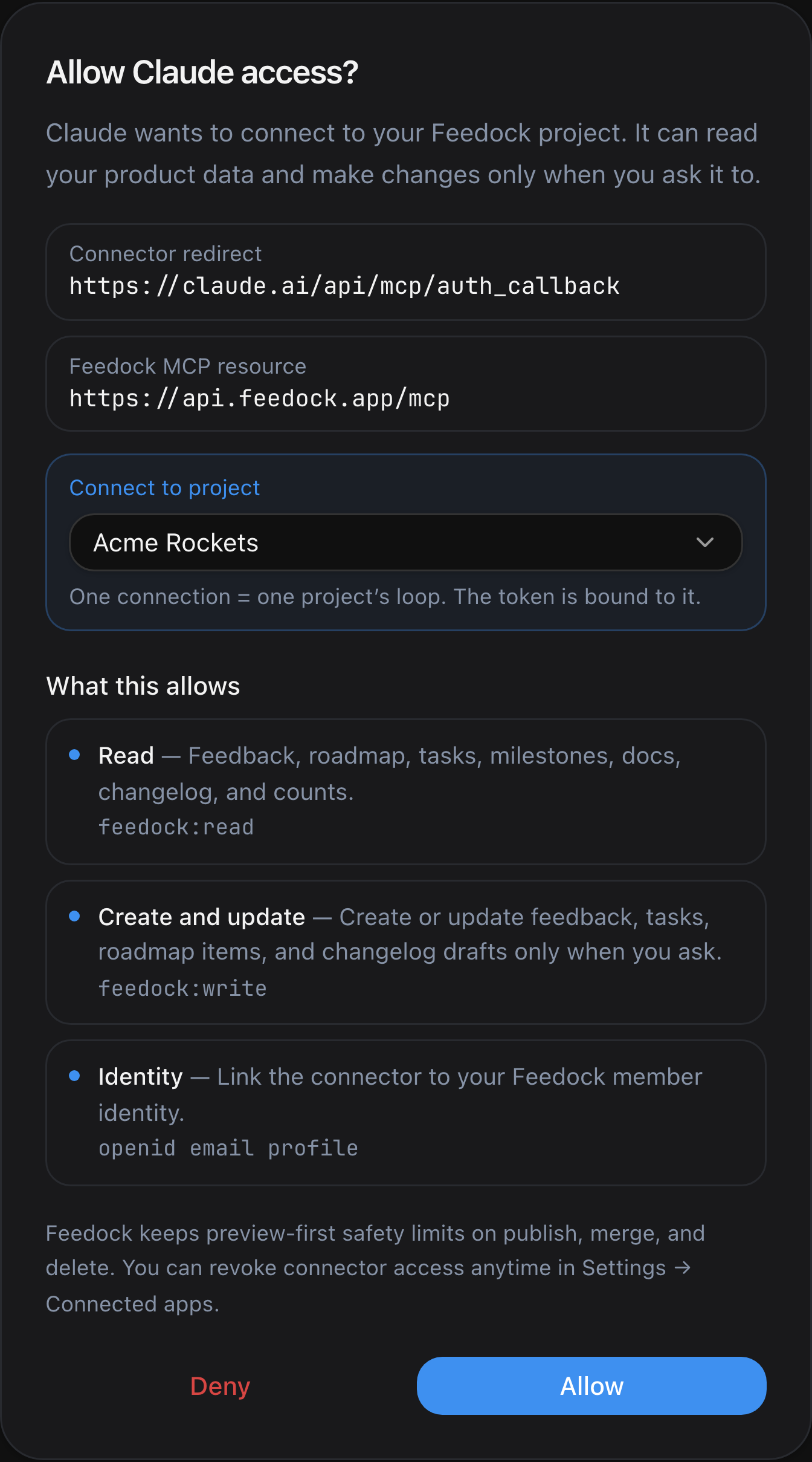 The Feedock MCP browser consent screen, Allow Claude access, choose a project, grant read / write / identity scopes